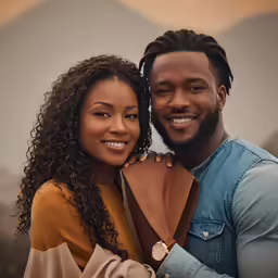 young african american couple embracing with a mountain in the background