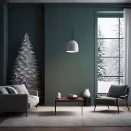 an empty living room with a christmas tree wall