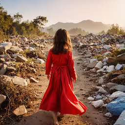 a little girl walking alone in the dirt