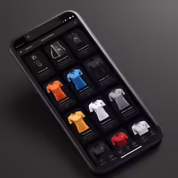 an iphone with shirts displayed in the display window