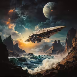a picture with clouds and mountains next to the ocean