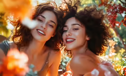 two women are posing for the camera with leaves all over them