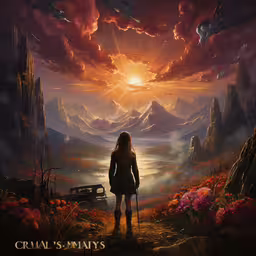 a woman stands on a hill looking over a valley in the background, with flowers and mountains, and the sky in the foreground,a person standing on the field looking at a sunset