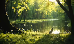 a cat sitting on the ground looking over water in the woods