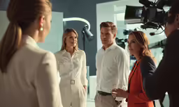 people in front of a camera stand around