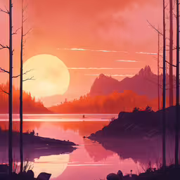 a painting shows the setting sun over a body of water,a person stands in front of the water at sunset