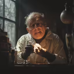man in lab coat opening a pipe next to books