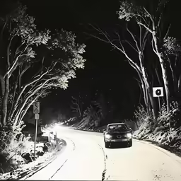 a car is driving down the snowy road