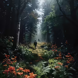 two people walking on a path through a lush green forest