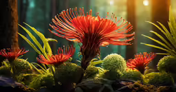 red flowers are in front of trees with sunlight coming through
