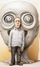 a boy stands in front of a wall with an eyeballed head