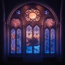 a lighted window in an ornate design features ornate designs