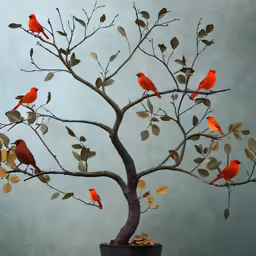many birds on a tree in a room with light gray walls