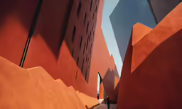 the narrow alley between two buildings in an inner city