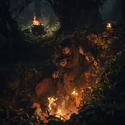 a person kneeling near a fire in the dark