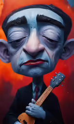 a painting of a man with a blue face holding a guitar