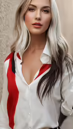 a woman with white hair and red and white blouse