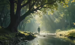 man walking into a forest next to a river