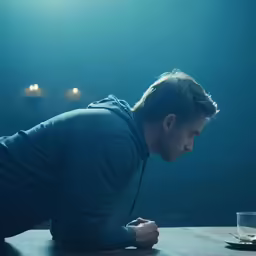 a man leaning over with his head down looking at a tablet