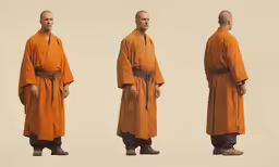 three men in orange robes stand on different sides