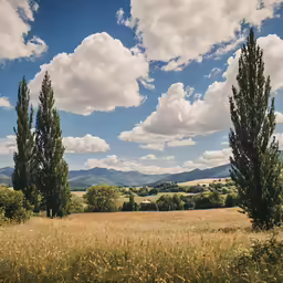 view of a countryside with trees in the foreground