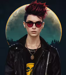 a young woman in black jacket wearing sunglasses,the girl with red hair wears sunglasses and is against a full moon