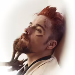 a man with red hair and beard looks up at something