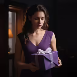 a woman wearing a purple dress with a purple present