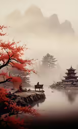 people sit on benches in a lake with mountains behind