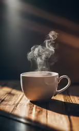 a cup of coffee with steam coming from it on top of a wooden table