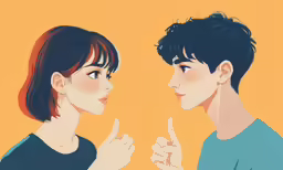 two people looking at each other with the image painted in cartoon style