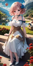 a woman wearing a white dress sitting next to roses