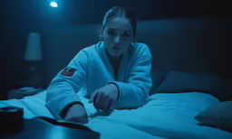 a woman in a dark room is reading something