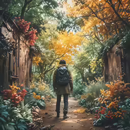 a man with a backpack walking down a wooded path