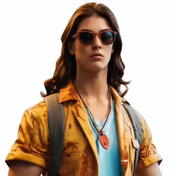 a person wearing glasses, a blue shirt and a backpack