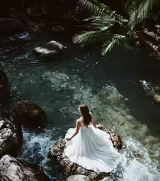 a woman in a flowing river wearing a white dress