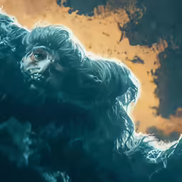 a monster with long hair standing in water looking into the sky