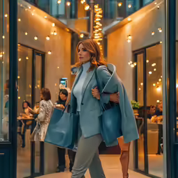 a woman walking down a street carrying two shopping bags