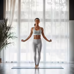 a woman standing on top of a mat in front of windows