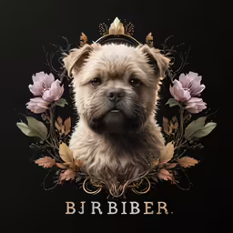 a dog with a flower wreath around its neck and name in front