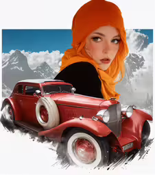 a woman in an orange head scarf, scarf, and orange hoodie standing behind an old car with mountains in the background,an image of a woman in an orange shawl