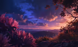the scenery is full of pink flowers