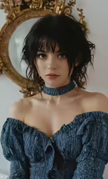 a woman wearing a blue top and posing for a picture