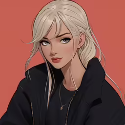 the blonde haired woman is wearing a black jacket