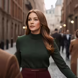 a woman in a dress walks down an alley way