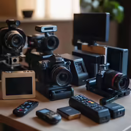 several cameras, phones and remote controls on the table