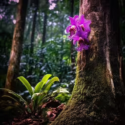 a purple flower is growing on the mossy tree,a purple flower growing on a tree in the middle of a forest