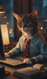 a cat dressed in shirt and tie sitting at a computer