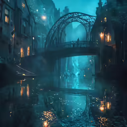 a bridge over water surrounded by buildings