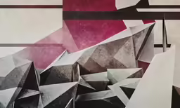 artwork on wall showing abstract shapes and a woman holding an umbrella